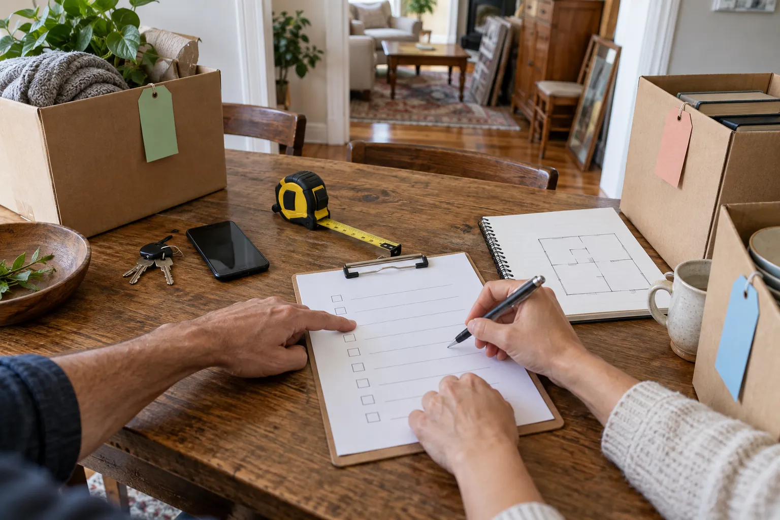 Hands reviewing a property cleanout checklist at a dining table