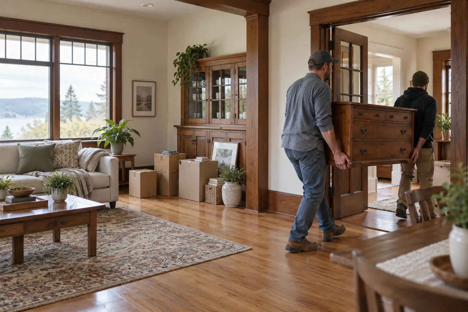 Workers carefully carrying a dresser through a home during a property cleanout